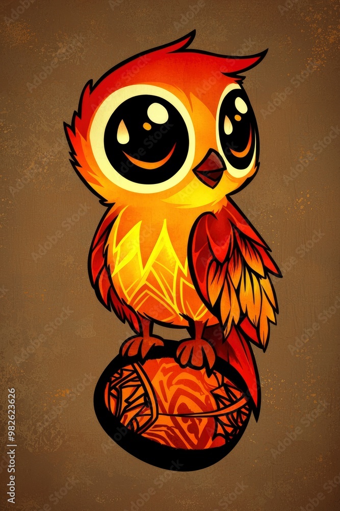 Poster Cartoon Owl With Big Eyes Sitting on an Ornate Ball