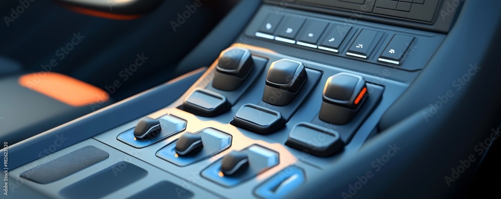 Poster close-up view of modern car controls showcasing buttons and switches with detailed design, ready for
