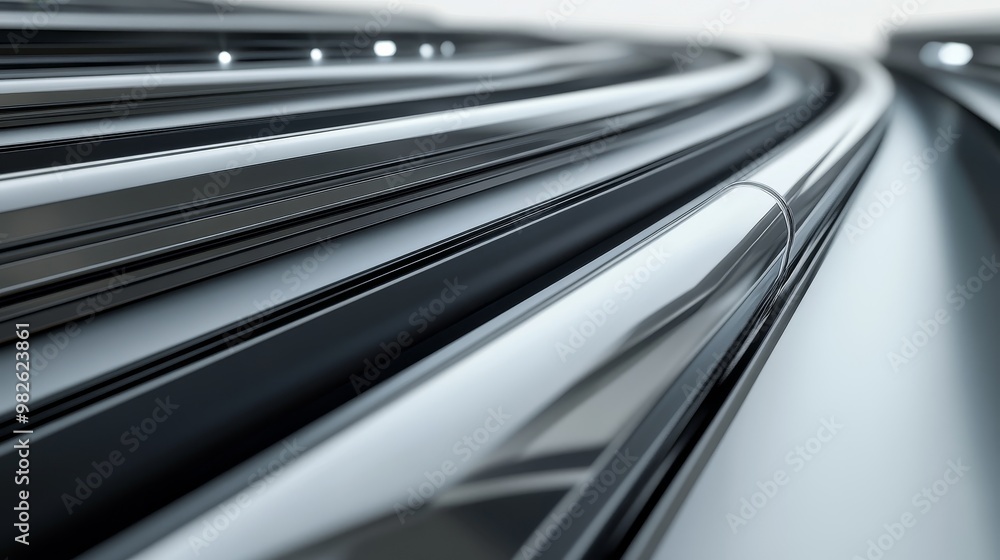 Poster close-up view of sleek, shiny metallic lines showing modern design and elegance in technology and ar
