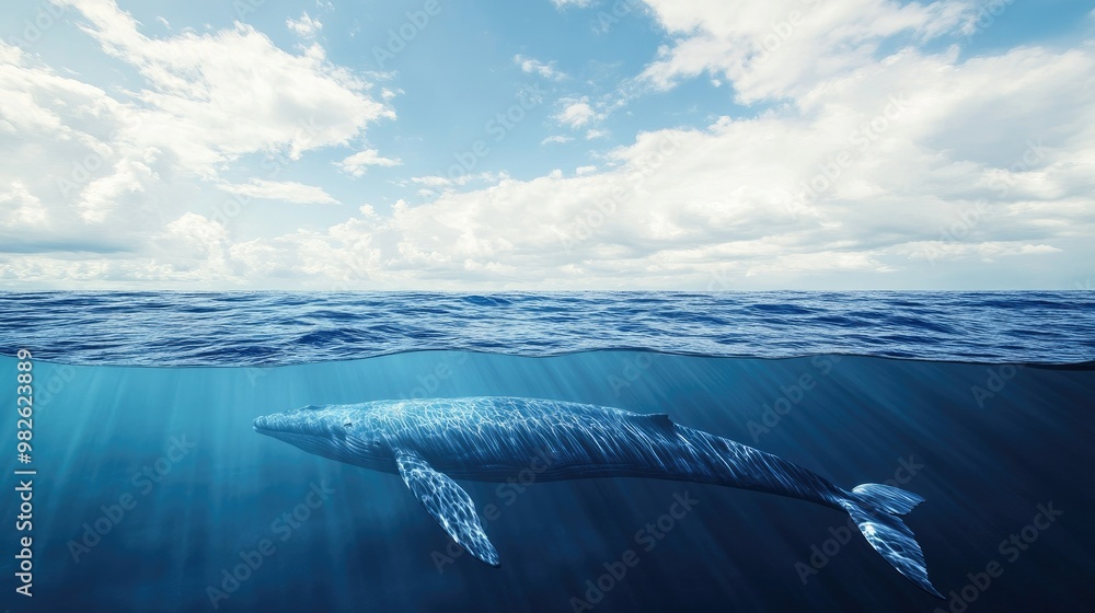 Poster a whale body partially submerged with a clean, bright ocean and sky in the background. the clear spa