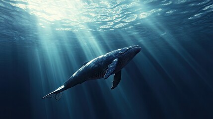 Fototapeta premium A whale swimming gracefully underwater with sunlight filtering through the water. The clear space around the whale offers plenty of room for text.