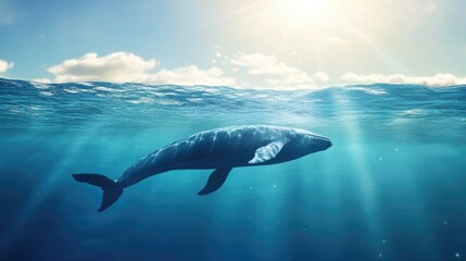 Naklejka premium A whale swimming near the surface with a clean, bright ocean backdrop. The clear water and unobstructed background offer ample space for text.