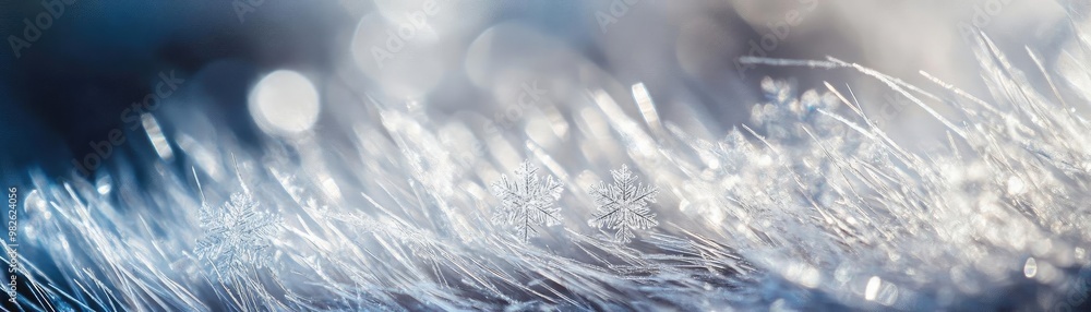 Poster a close-up of delicate ice crystals glistening in soft light, creating a serene winter atmosphere an