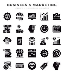 Set of 25 Business & Marketing Glyph Icons Pack.