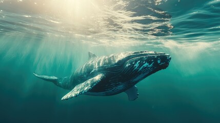 Fototapeta premium A whale mouth partially open as it swims through the ocean with a clean, unobstructed background. The clear space around it is ideal for copy.