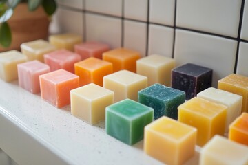 Obraz premium Colorful soap bars arranged in a geometric pattern on a bathroom counter. 