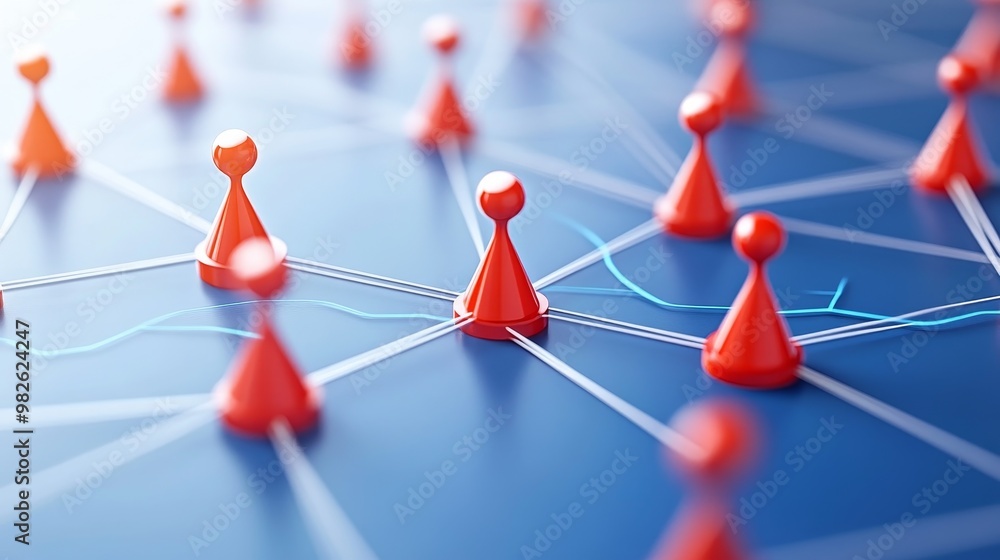 Poster conceptual image of connections and networking represented by red game pieces on a blue background, 