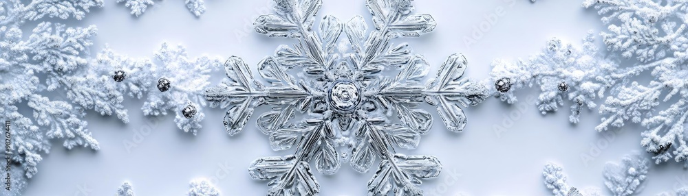 Poster close-up view of intricate snowflake patterns against a soft white background, showcasing winter's d