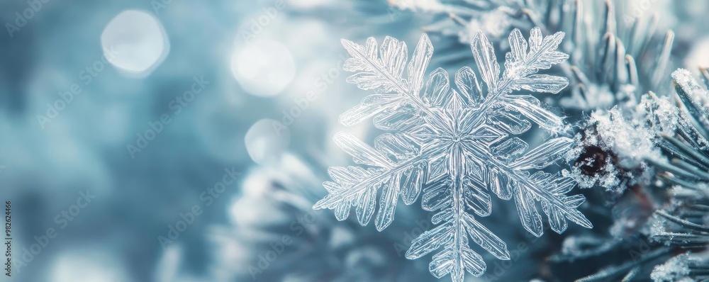Poster close-up view of a delicate snowflake resting on a frosty pine needle, showcasing intricate details 