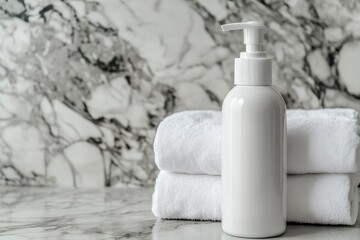 Ceramic shampoo bottle with white cotton towels on marble counter over bathroom background with generative ai