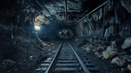 Naklejka premium A dark and narrow mine tunnel with a single track running through the center. 