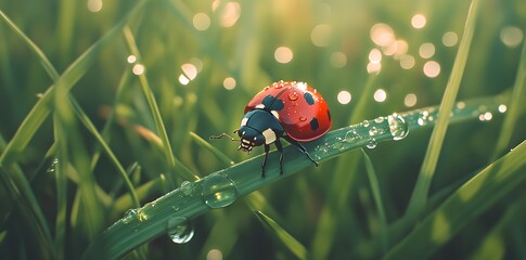 Obraz premium Ladybug on a Dew-Covered Blade of Grass