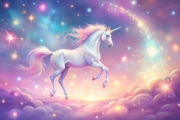 Whimsical fantasy scene of a delicate pastel-colored unicorn suspended in a dreamy pink atmosphere with a subtle shimmer effect, surrounded by scattered twinkling stars