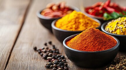 An assortment of vibrant spices in small bowls on a wooden table with a clean background. The ample space around the bowls allows for easy addition of text.