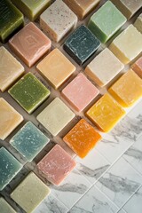 Fototapeta premium Colorful soap bars arranged in a geometric pattern on a bathroom counter. 