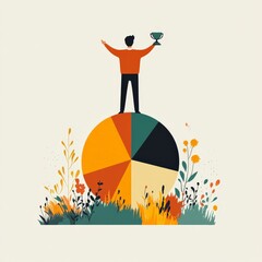Champion of Growth: A triumphant figure stands atop a colorful pie chart, trophy held high, symbolizing achievement and success in business and finance.