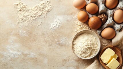 Fototapeta premium Baking ingredients like flour, eggs, and butter arranged on a table, leaving space for text. The warm tones and homey setup evoke a cozy baking session.