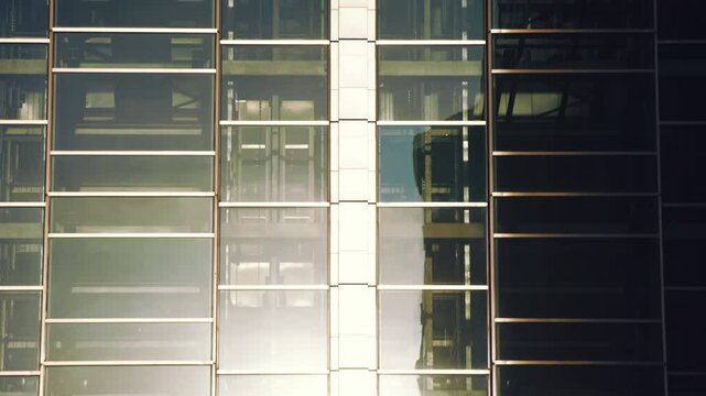 Outside view elevator cabin in modern glass skyscraper building on sunny day, sunlight reflected on glass windows surface, exterior sunshine reflection