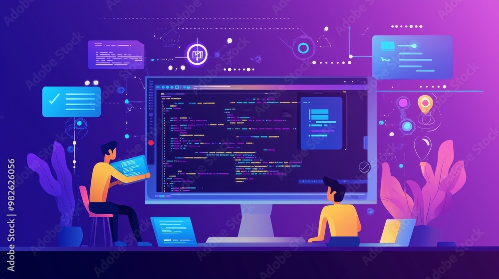Poster web development concept with people scene for web. man working with code, programming and creates pa