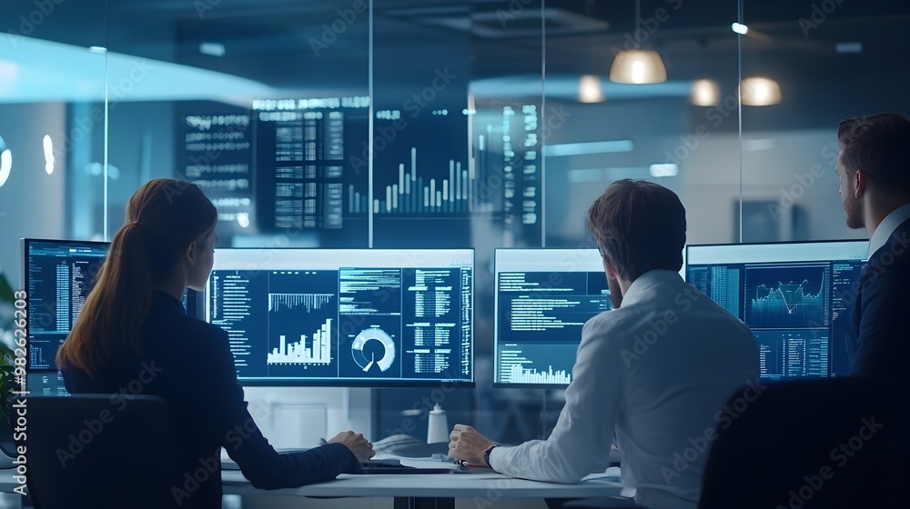 Poster dynamic business intelligence dashboard showing financial data and market charts