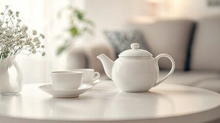 Fototapeta premium Ceramic teapot and matching cups on a white table, with copy space in the background. The elegant setting is ideal for tea-related promotions.