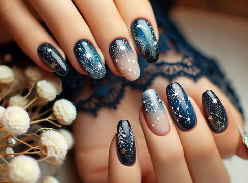 A close-up of a hand with detailed nail art depicting a night sky theme with stars, constellations, and dandelion seeds.

