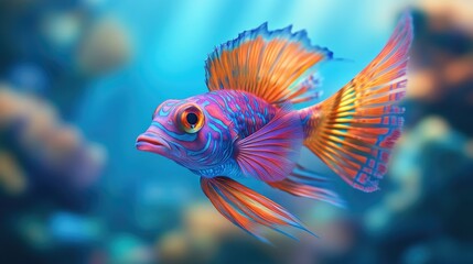 Fototapeta premium Close-up of a beautiful, exotic sea fish with elaborate fins and striking colors, set against a blurred ocean background -