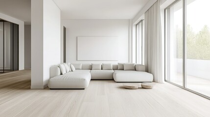 Clean, open-concept minimalist home with a white sofa, light wood floors, and empty space on the walls for text. The decor is airy and serene.