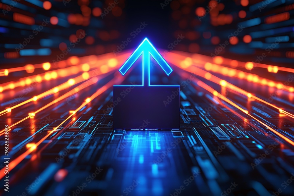 Poster dynamic abstract image featuring a glowing blue upward arrow amidst vibrant neon lines, symbolizing 