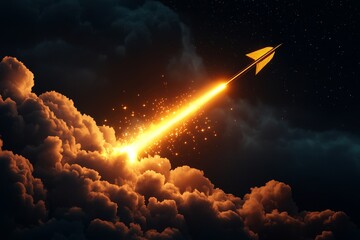 A vibrant paper airplane soaring through clouds, leaving a trail of light and sparks, symbolizing creativity and adventure.