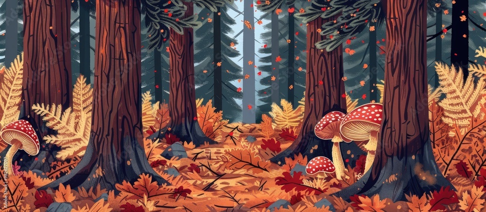 Poster Spruce Tree Forest Floor During Autumn Season With Pines Sticks Leaves Soil And Mushrooms