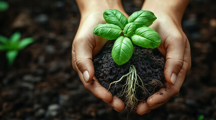Hands Holding Young Plant with Roots in Soil