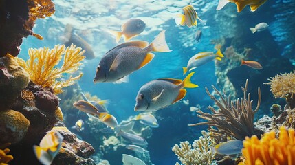 Dynamic shot of sea fish feeding near a coral reef, capturing their movement and interaction in a vibrant marine environment