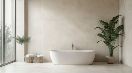 Fototapeta premium Elegant bathroom interior with a spacious, blank wall, perfect for adding copy. Minimalist decor and neutral tiles create a fresh, modern look.