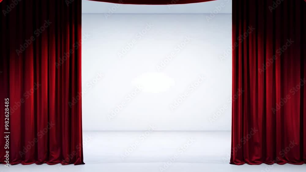 Poster rich, red curtains hang majestically as they part to reveal a bright, empty stage, creating an atmos
