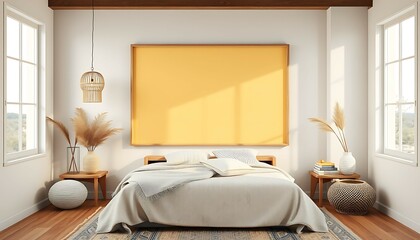 Obraz premium Mockup Frame in Coastal Boho Style Bedroom Interior, 3D Render, Ai Generated Images