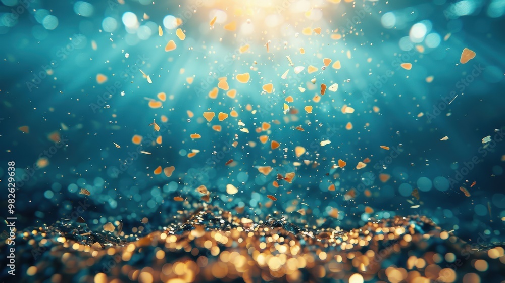 Poster underwater scene with golden particles drifting in bright light. soft bokeh effect highlights golden
