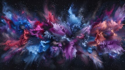 Fototapeta premium Burst of vibrant colored dust particles exploding in space, with dynamic swirls of blue, red, and purple tones against black background. Abstract artistic explosion creates vibrant and energetic