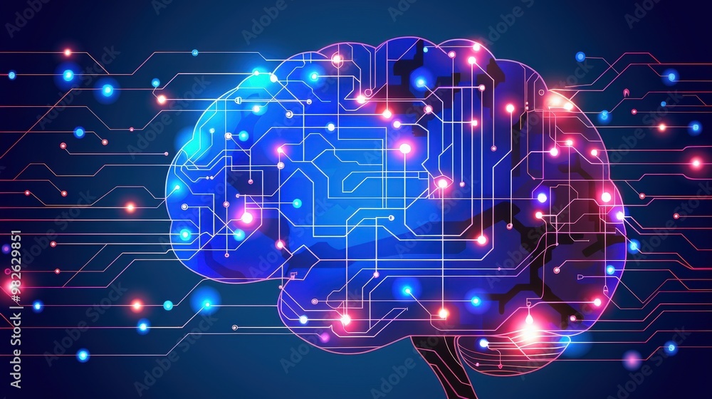 Poster digital brain image composed of interconnected circuits and glowing lights, symbolizing artificial i