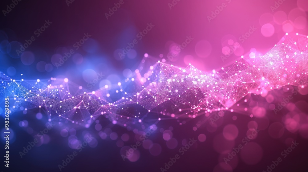 Poster abstract wave interconnected points and lines in pink blue, symbolizing data networks, connectivity,