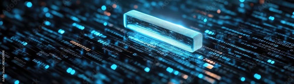 Poster a glowing rectangular shape amidst a sea of digital particles, symbolizing advanced technology and i