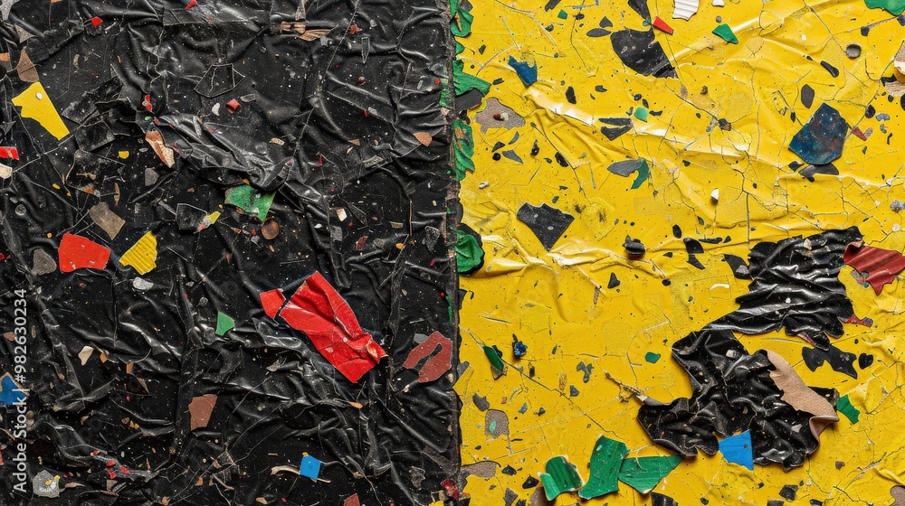 Poster abstract artwork showing a contrast between black and yellow surfaces with colorful fragments of pla