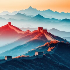 Stunning Sunrise Over the Great Wall of China with Misty Mountains in the Background