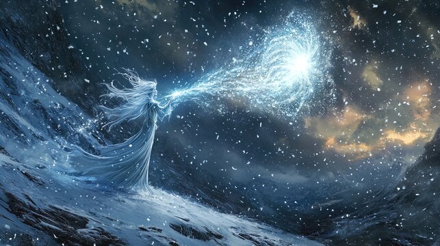 A mystical figure draped in a flowing, icy blue gown stands on a snowy landscape. The figure, with long, flowing hair blowing in the wind, extends their arm towards the sky, from which a swirling, lum