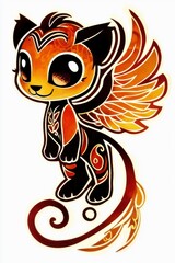 Cute Cartoon Fire Phoenix with Wings and Floral Design