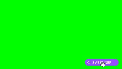 Flat style animation in French of a purple follow button with a heart on which a mouse pointer in the shape of a hand clicks to reveal a subscribe button. The pointer clicks on the button again.