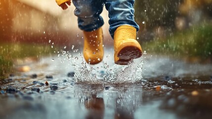 A child is jumping in the rain with yellow boots
