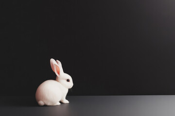 A serene white rabbit sits calmly against a dark, minimalist backdrop, highlighting the contrast between the animal's purity and the darkness, creating a peaceful yet striking image.