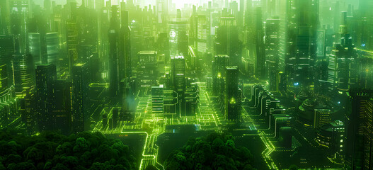 Obraz premium future city with green neon lights. Concept of greencity and eco friendly. cyberpunk city looks. Premium background for the greencity.