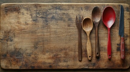 Wooden cutting board with kitchen utensils arranged neatly, leaving room for text. The rustic style enhances a warm, homey feel.